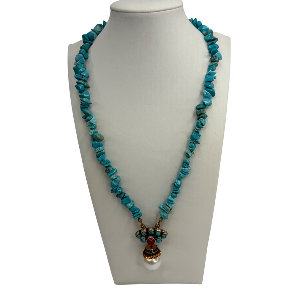 Asemi Turquoise Chip Bead Necklace Faux Pearl Crystal Pendant Gold Tone Boho